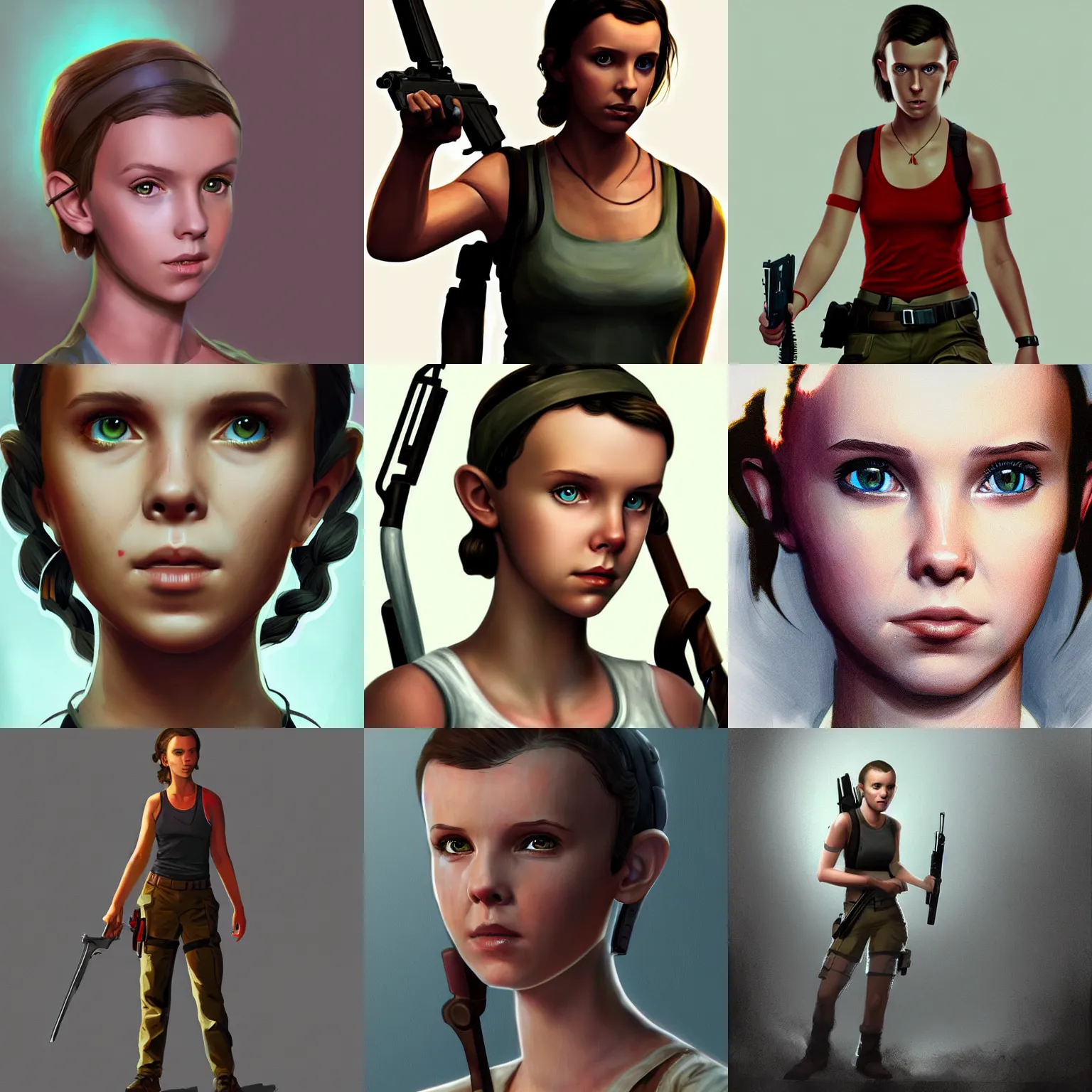 Prompt: Eleven/Millie Bobbie Brown as Lara Croft, concept art, trending on ArtStation