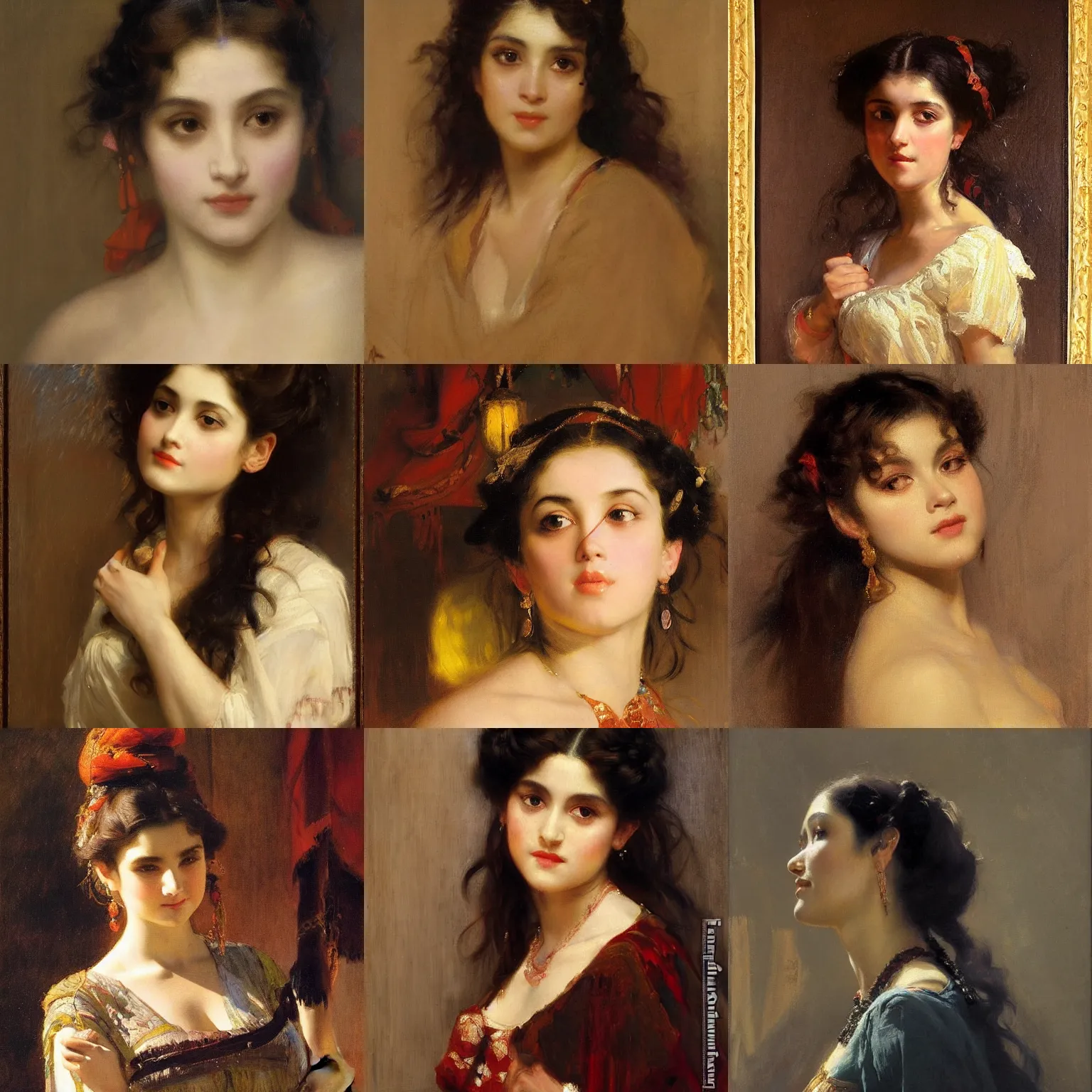Prompt: orientalism painting of a young woman with dark curls looking upward eye contact by theodore ralli and nasreddine dinet and anders zorn and nikolay makovsky and edwin longsden long, oil on canvas, masterful intricate artwork, excellent lighting, high detail 8 k
