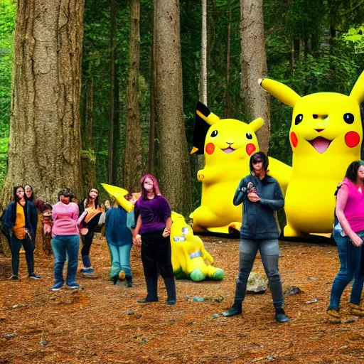 Prompt: photograph of a group of people worshipping a giant pikachu in a forest