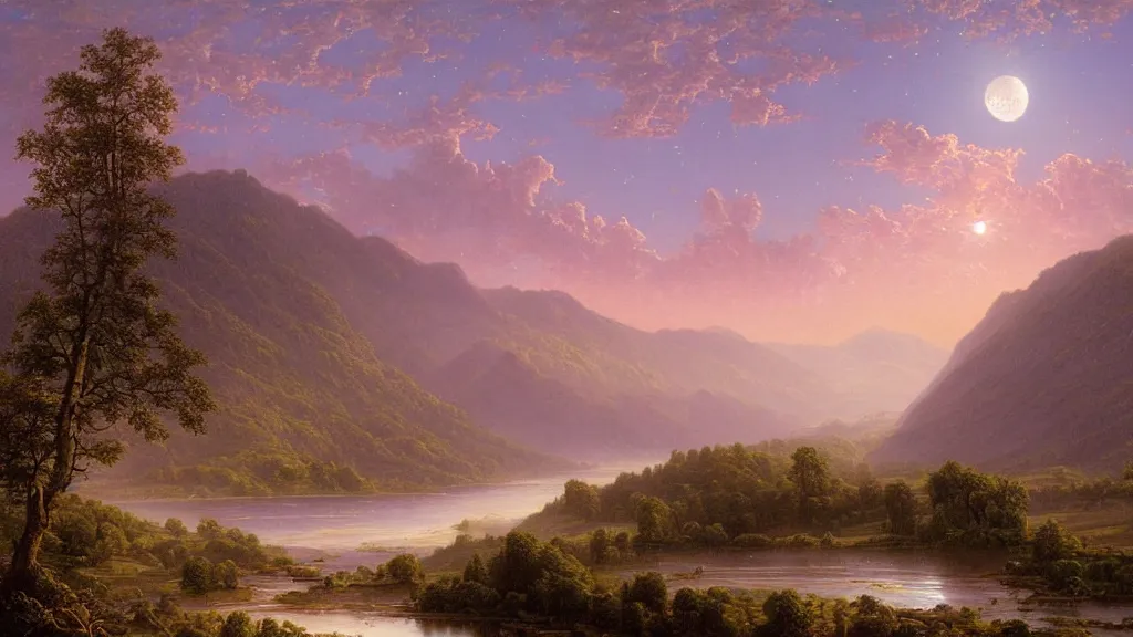 Prompt: Panoramic painting where the mountains are towering over the valley below their peaks shrouded in mist. The moon is just peeking over the horizon and the purple sky is covered with stars and clouds. The river is winding its way through the valley and the trees are blue and pink, by Thomas Kincade