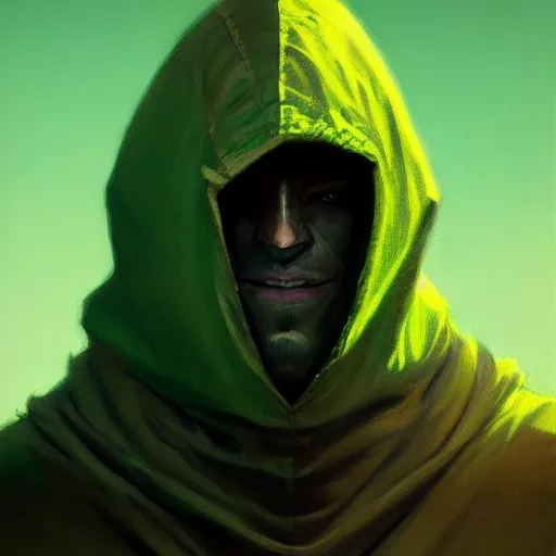 Image similar to portrait of a chad programmer with green hood by greg rutkowski, 4 k, close up