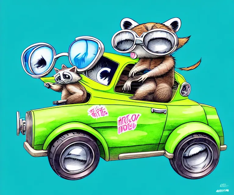 Prompt: cute and funny, racoon wearing goggles riding in a tiny hot rod with an oversized engine, ratfink style by ed roth, centered award winning watercolor pen illustration, isometric illustration by chihiro iwasaki, edited by range murata, tiny details by artgerm and watercolor girl, symmetrically isometrically centered, sharply focused