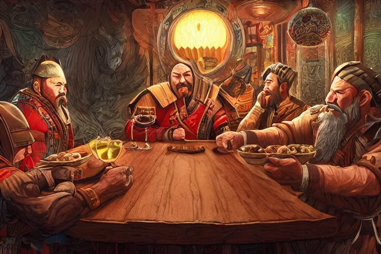 Prompt: Genghis Khan drinking at a table, shanghai, detailed faces, digital art, beautiful lighting, happy atmosphere, trending on artstation, by Dan Mumford, by Artgerm, matte art