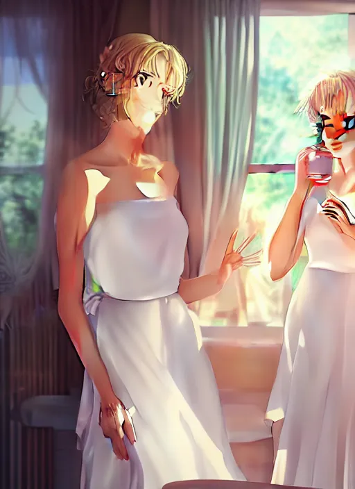 Image similar to two beautiful mature women in a summer home, wearing white dresses, gorgeous faces, cinematic lighting, detailed anime art