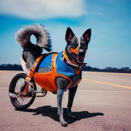 Image similar to blue heeler dog on a motorcycle, 8 k photography, blurred background of a wafflehouse