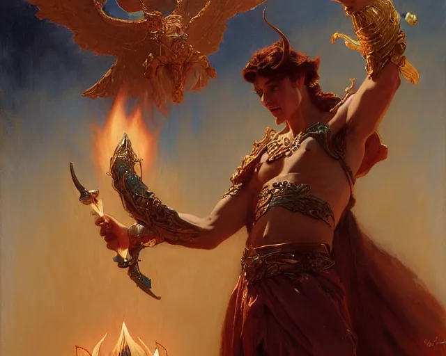 Image similar to attractive male deity, casting demonic magic, summoning handsome lucifer morning star. highly detailed painting by gaston bussiere, craig mullins, j. c. leyendecker 8 k