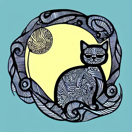 Image similar to tattoo sketch of a cat hugging the sun, on a canva, polynesian style, ornamental, line art, vector,