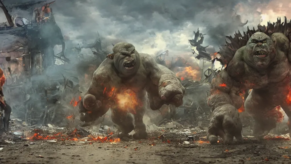 Image similar to a huge violent angry ogre huge violent angry ogre huge violent angry ogre stomps through background smashed trailer homes, people looking on in astonishment