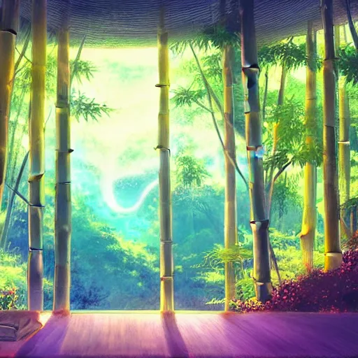 Prompt: a heavenly dream view from the interior of my cozy bamboo forest dream world filled with color from a Makoto Shinkai oil on canvas inspired pixiv dreamy scenery art majestic fantasy scenery fantasy pixiv scenery art inspired by magical fantasy exterior illumination of awe and wonder