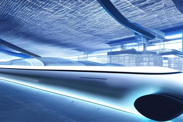 Prompt: transparent see - through clear long dark blue plastic hyperloop architecture concept by zaha hadid, plastic capsule glowing in the dark, dark moody monochrome colors,