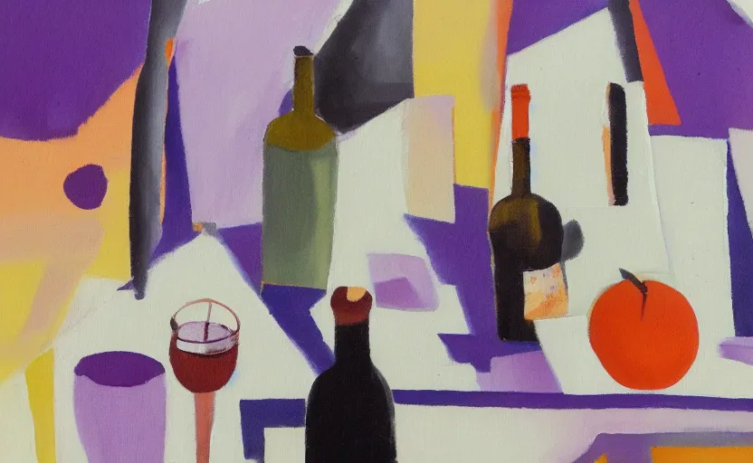 Prompt: abstract oil painting on paper of a still life, with a white mug, white wine bottle, wine glass, on a table, white black orange and purple. in the style of john craxton, similar aesthetics to ivon hitchins