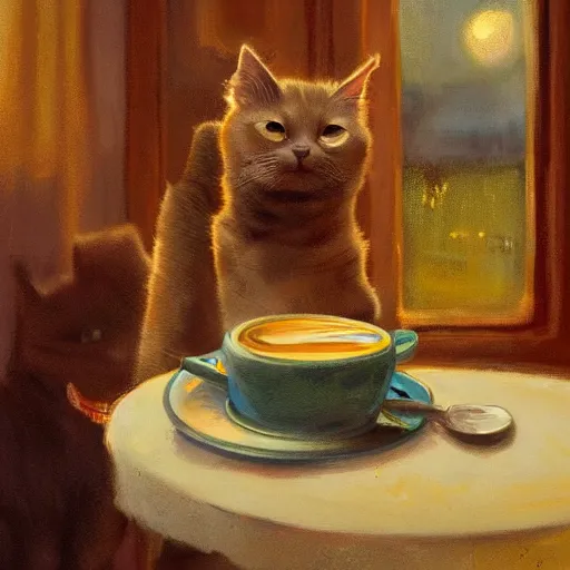 Image similar to brown cat with yellow eyes is sitting at table in a cafe at paris in early 2 0 th century. it is licking milk from little saucer, atmospheric feeling, warm colours, brown colours, yellow colours, epic scene, cinematic, very detailed, concept art, trensing on artstation