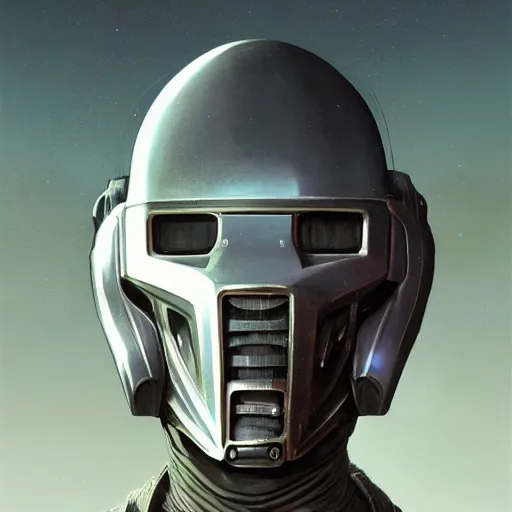 Image similar to dreary realism portrait of masked cyber punk helmet on the art deco streets of the big city, artstation, award - winning realistic sci - fi concept art by jim burns and greg rutkowski, beksinski, a realism masterpiece, muted color palette, james gilleard, bruegel, alphonse mucha, and yoshitaka amano