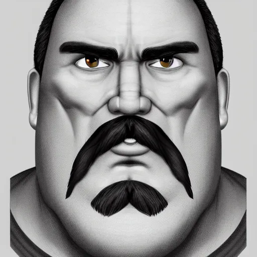 Image similar to face portrait a big beefy man with a large face, thick dark hair, a bushy black moustache, no beard, with hardly any neck and mean little eyes, highly detailed, digital art, sharp focus, trending on art station, drawing