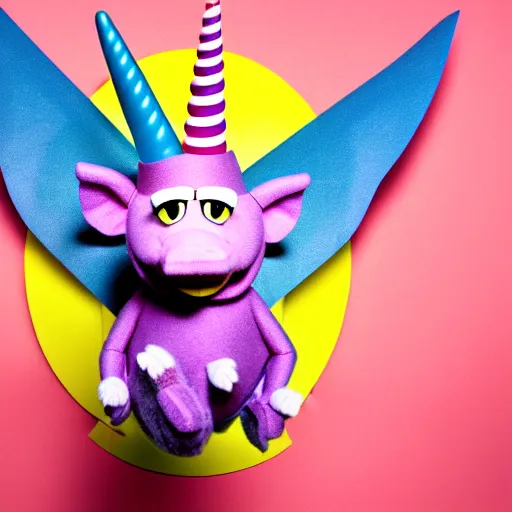 Image similar to studio photograph of a happy flying pig with wings with a unicorn horn depicted as a muppet