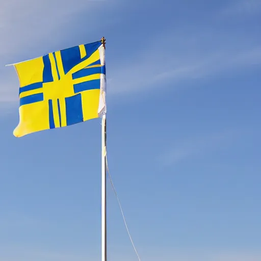 Image similar to a Swedish flag on a flag pole flapping in the wind on sandhamn