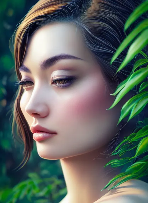 Image similar to photo of a gorgeous female in the style of stefan kostic, realistic, half body shot, sharp focus, 8 k high definition, insanely detailed, intricate, elegant, art by stanley lau and artgerm, extreme bokeh foliage