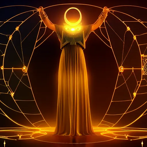 Prompt: the ethereal goddess of technology bestows the gift of circuits to humanity. matte painting. fantastic. velvet and gold. high key studio lighting. fractal dreams. ancient greece, trending on artstation, cgsociety, ps 5, uhd 8 k cryengine