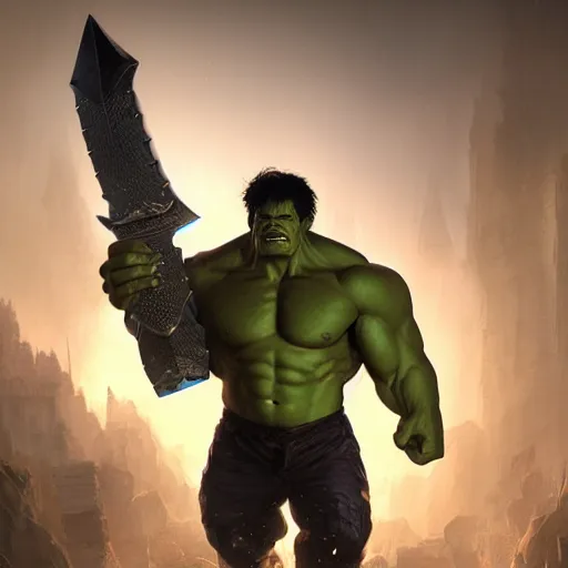 Image similar to the hulk wearing heavy armor carrying a big greatsword in his hands, au naturel, hyper detailed, digital art, trending in artstation, cinematic lighting, studio quality, smooth render, unreal engine 5 rendered, octane rendered, art style by klimt and nixeu and ian sprigger and wlop and krenz cushart