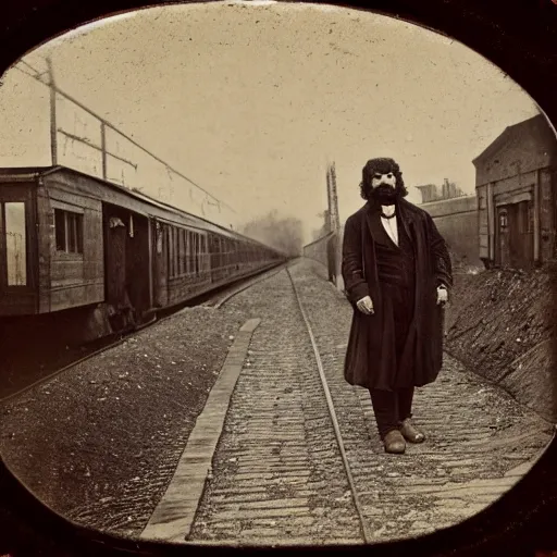 Image similar to Daguerreotype of a caveman at a train station (1867),