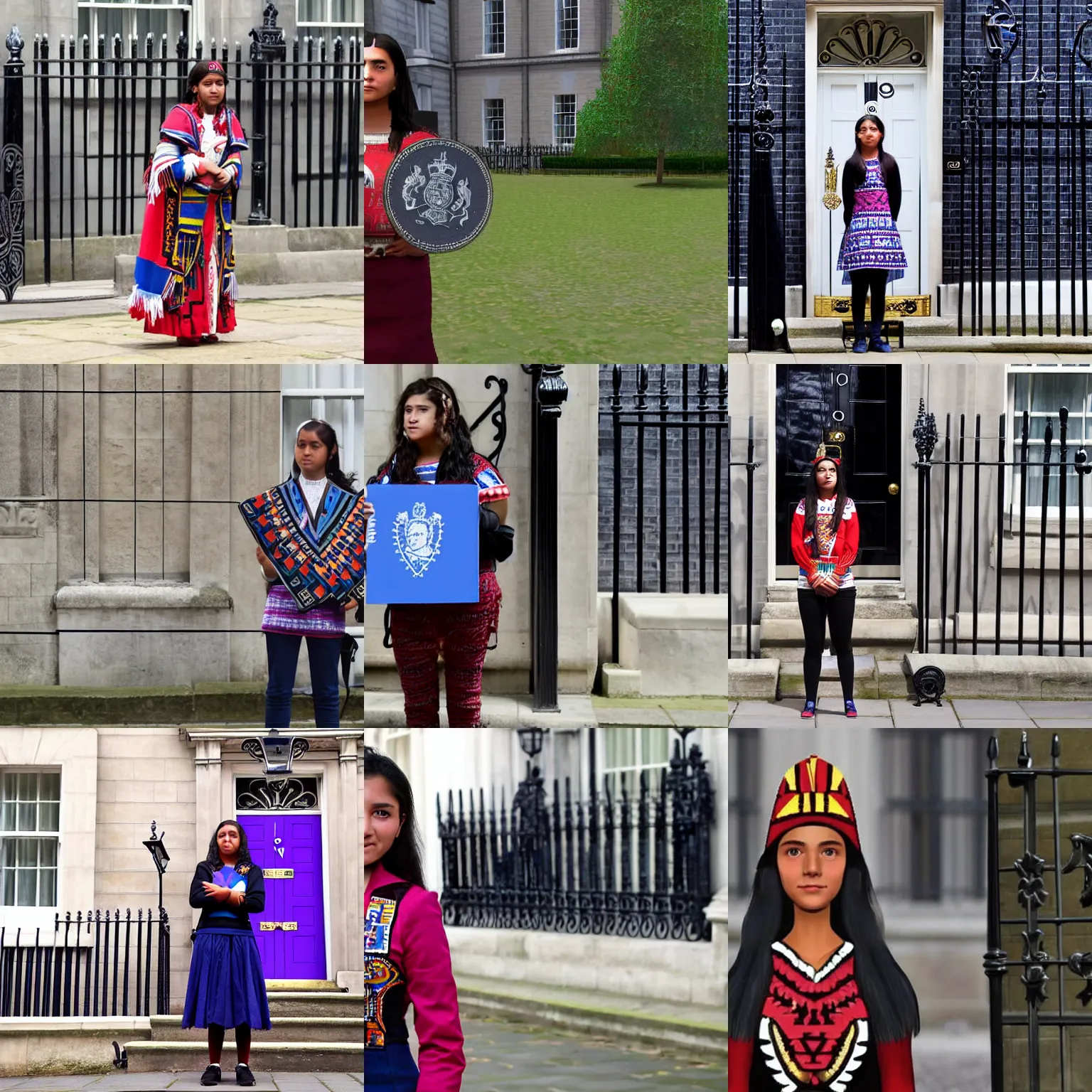 Prompt: A teenage Aztec woman as British Prime Minister, standing outside 10 Downing Street, loading screen art for the game 'Europa Universalis IV'