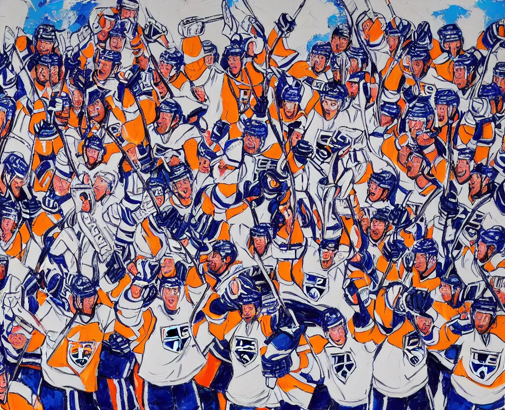 Prompt: los angeles kings hockey team, 2 0 1 4 stanley cup celebration, la kings, detailed, los angeles kings hockey players, brilliantly colored, expressionist painting, screenprint of hockey athletes winning the 2 0 1 4 stanley cup, celebration, by leroy neiman