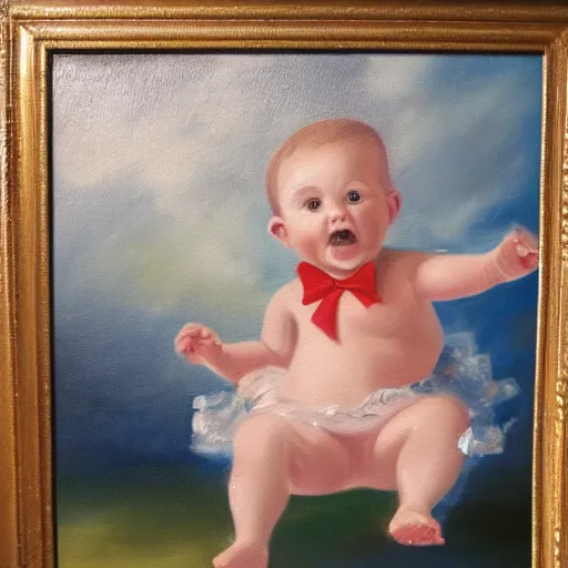 Prompt: an oil painting of a baby floating using balloons