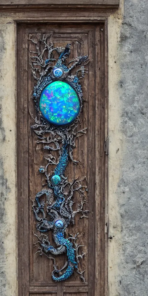 Image similar to https://s.mj.run/lcNw6KWjbsI Full old weathered wooden Door with a high relief carving of Fractal Marble and Opal Geode and Obisidian+Flowerpunk, cyberpunk, Dragonhead, twisted oak tree, jewels + Dark-blue light-blue black gold light-brown opal white + Ultra realistic, intricate detail, contrast, wet, kintsugi, rococo, baroque, 24mm lens + by Alphonse Mucha, Roger Deakins, Moebius, Mohrbacher