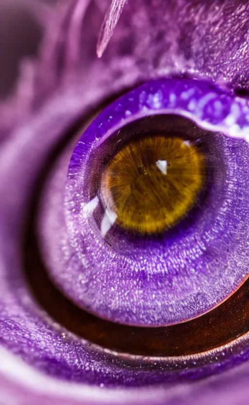 Image similar to macro shot, close-up of a purple squid eye, intricate iris, ultrarealistic, highly detailed