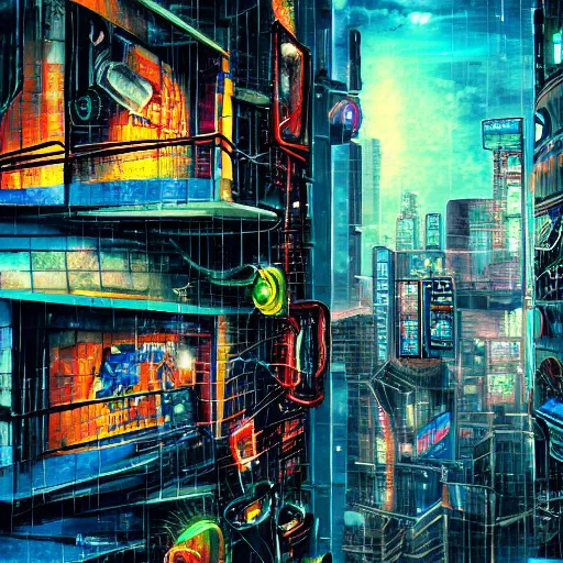 Image similar to graffiti on a wall in a cyberpunk city, happy mood, futuristic, high detail, sunset, realistic