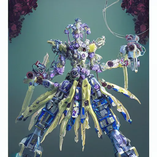 Image similar to waterlily head mobile combat suit floral rococo robot, biomechanical, waterlily mecha nymphaea, detailed illustration, concept art, smooth, sharp focus, by frank gehry, bandai macross box art