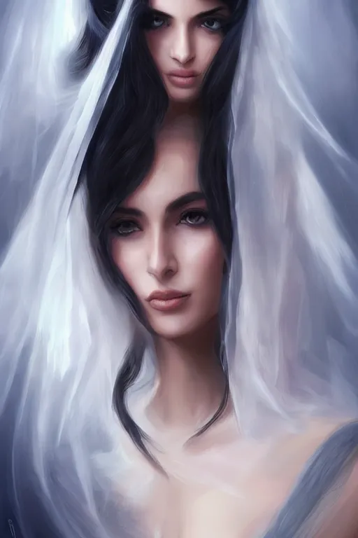 Image similar to Ameera al-Taweel, blue eyes, long wavy black hair, fierce look, white veil, closeup, focus face, elegant, highly detailed, centered, digital painting, artstation, concept art, art by artgerm