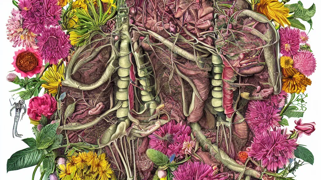 Prompt: highly detailed illustration of a human anatomy body exploded by all the known species of flowers by oliver vernon