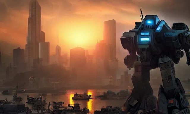 Image similar to Mech defending the city at sunset, photorealistic, hyperrealistic, digital illustrations, concept art, photoreal, mechwarrior, battletech, highly detailed, intricate, award-winning, dark, gritty, beautiful colors, hdr, rendered in Octane, rendered in Unreal engine, 4k, ultra hd