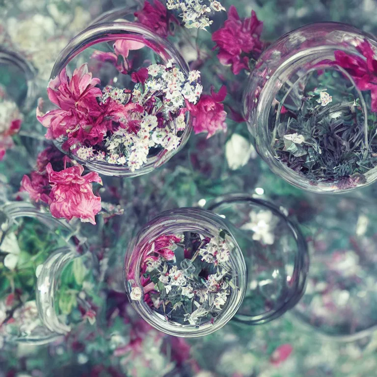 Prompt: flowers made of chrome in the terrarium, film photo, soft lighting, album cover