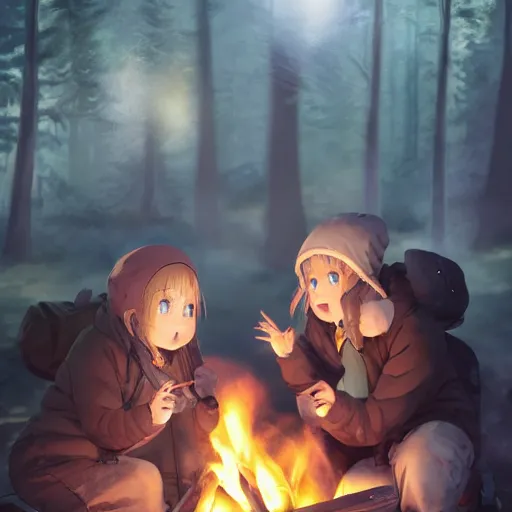 Image similar to yuru camp anime campfire hyperdetailed blue eyes, trending on artstation, cinematic lighting, highly realistically detailed, trending on pixiv , Unreal Engine 4k, detailed faces, manga cover, official anime key visual by greg rutkowski