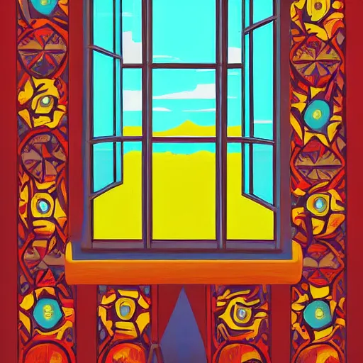 Image similar to a painting beautiful window, art print, a ultrafine detailed painting by wix and aguilera reyes, behance contest winner, vintage, native art, trend in behance hd, 2 d game art, detailed painting