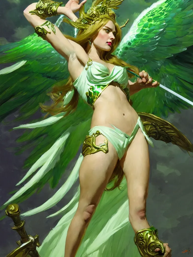 Prompt: greg manchess painting of a goddess of hunt wearing shiny mythical green clothes, green and white long hair, long wings, large angelic sword, soft lighting, single character art, trending on artstation, by huang guangjian and gil elvgren and sachin teng