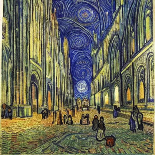 Image similar to a drawing off the aachener cathedral, painted by van gogh.