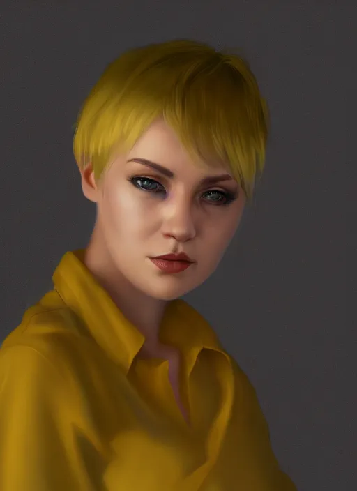 Image similar to portrait, young lady, yellow short hair, realistic, computer painting, volumetric lighting, detailed