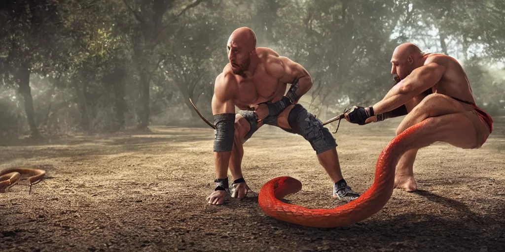 Prompt: Ryback fighting a snake outdoors, photorealistic, ultra hd, cinematic lighting, award-winning, 4k, leica sl2 30mm, beautiful color, high quality, high textured, lens flare