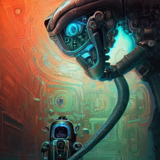 Prompt: low angle shot of a t A Robot With its head missing, gushing out oil from the hole, walking towards the viewer, neon color scheme, by Clive Barker , intricate, elegant, highly detailed, centered, digital painting, artstation, concept art, smooth, sharp focus, illustration, artgerm, Tomasz Alen Kopera, Peter Mohrbacher donato giancola, Joseph Christian Leyendecker, WLOP, Boris Vallejo.