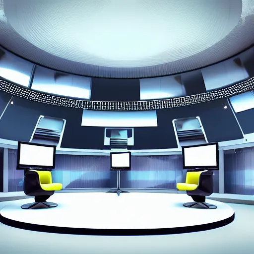 Prompt: futuristic news studio, concept art, wide lens, cinematic composition, architecture, iterior