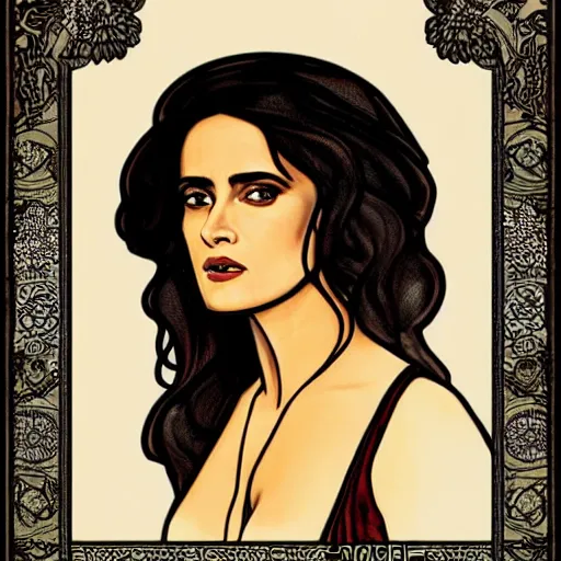 Image similar to salma hayek portrait, mucha style