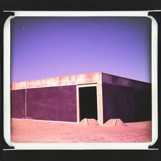 Image similar to concrete structure in a desert at night, neon light, minimalistic architecture, dark, surreal, open space, james turrel, old polaroid, expired film,