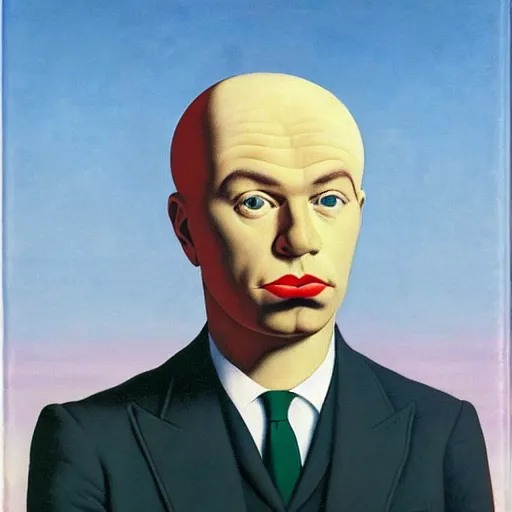 Image similar to a portrait of a well dressed business man, thehe planet saturn is his face!!!!!!, art by Rene Magritte