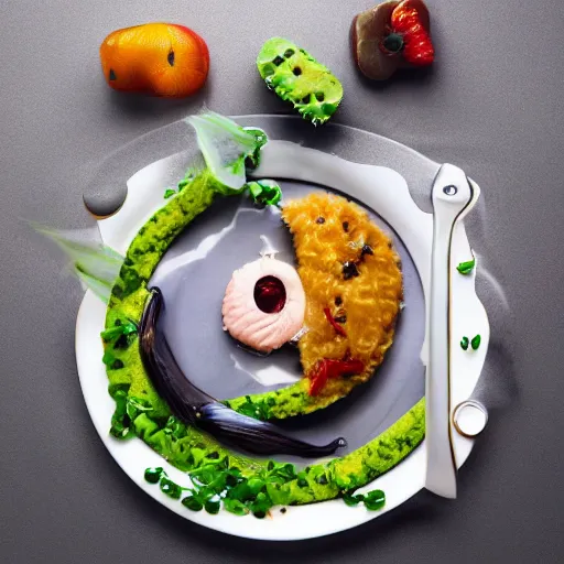 Image similar to a meal of rather weird and slightly disgusting, but also futuristic designer food, food photography