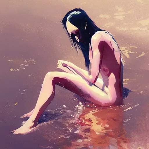 Image similar to a ultradetailed beautiful panting of a woman dipping her toe in water, by conrad roset, greg rutkowski and makoto shinkai, trending on artstation