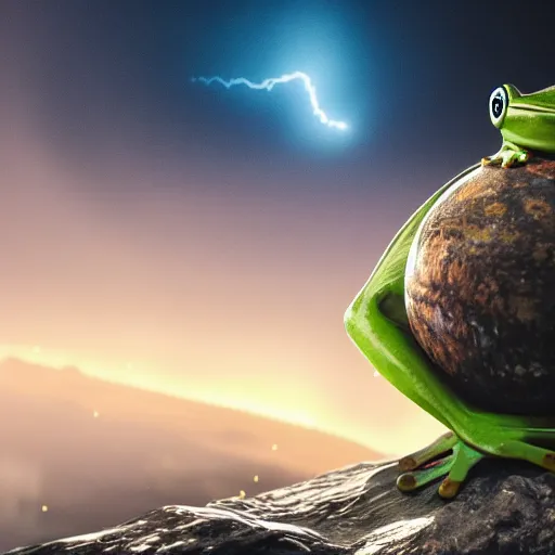 Prompt: a frog with muscles lifting planet earth over its head, octane render, cinematic rendering, dramatic lightning, visual effects, impressive, colorful, 8 k