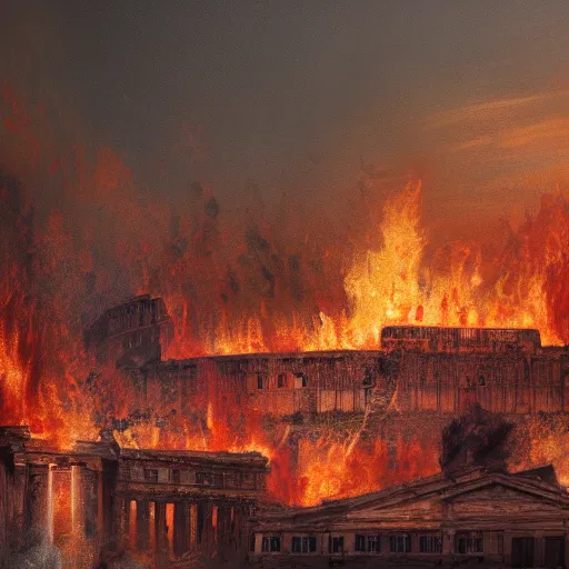 Image similar to Painting of the great fire of rome,abstract. realism, 8k, detailed, terror, octane render